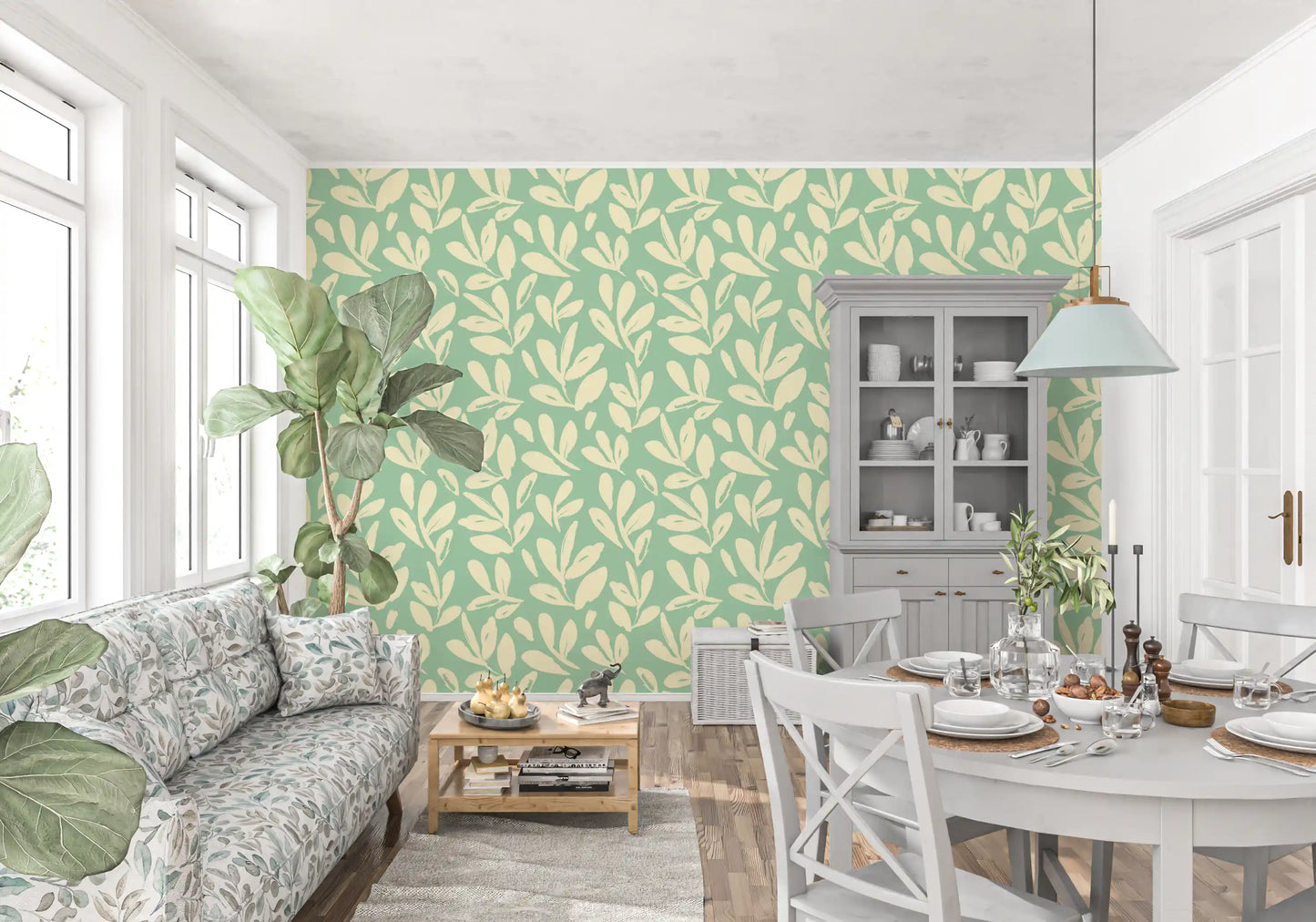 Sage and Cream Hand-Painted Leaf Wallpaper⁠