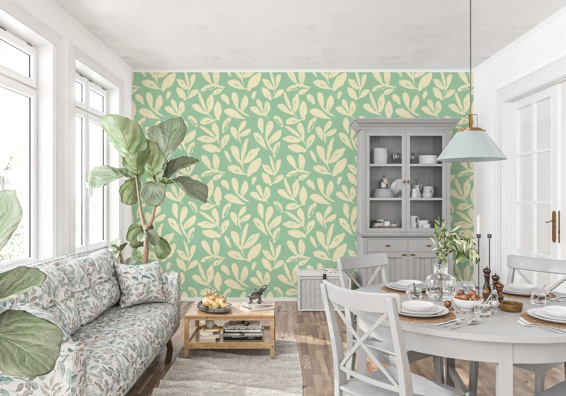 Sage and Cream Hand-Painted Leaf Wallpaper⁠