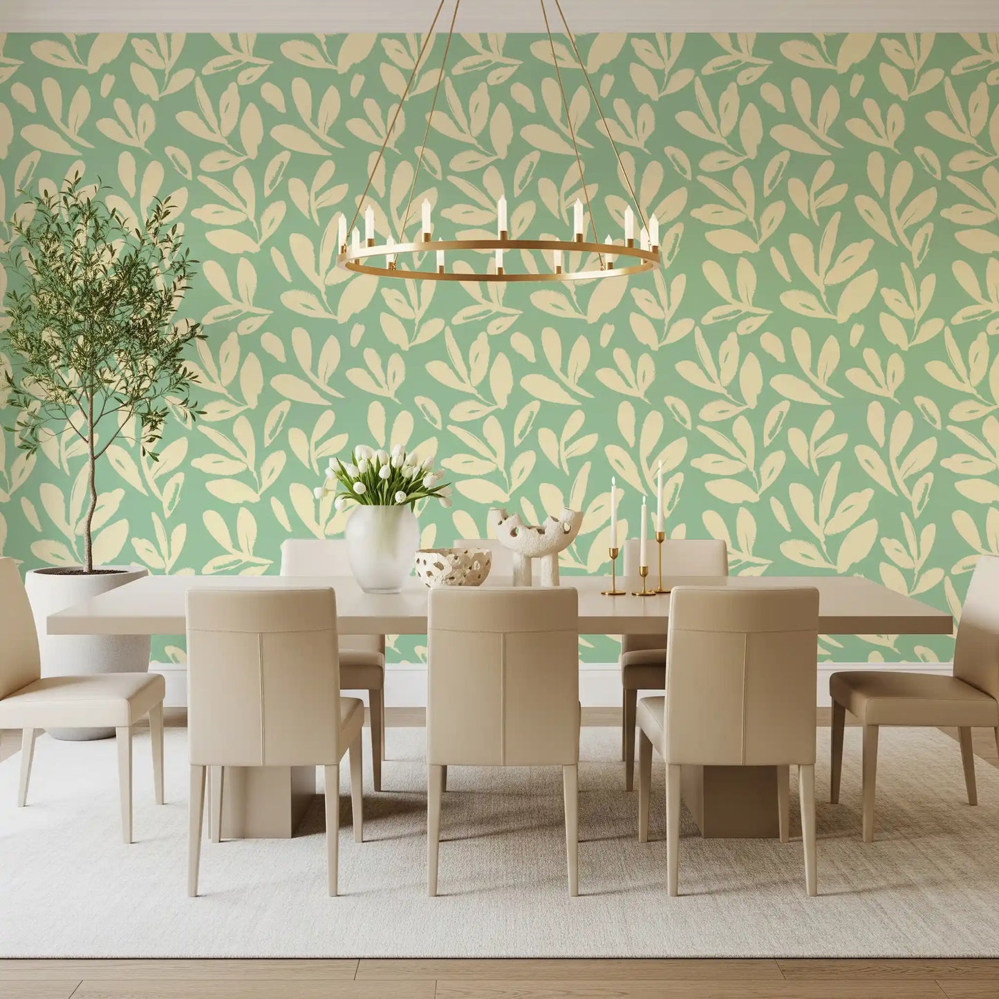 Sage and Cream Hand-Painted Leaf Wallpaper⁠