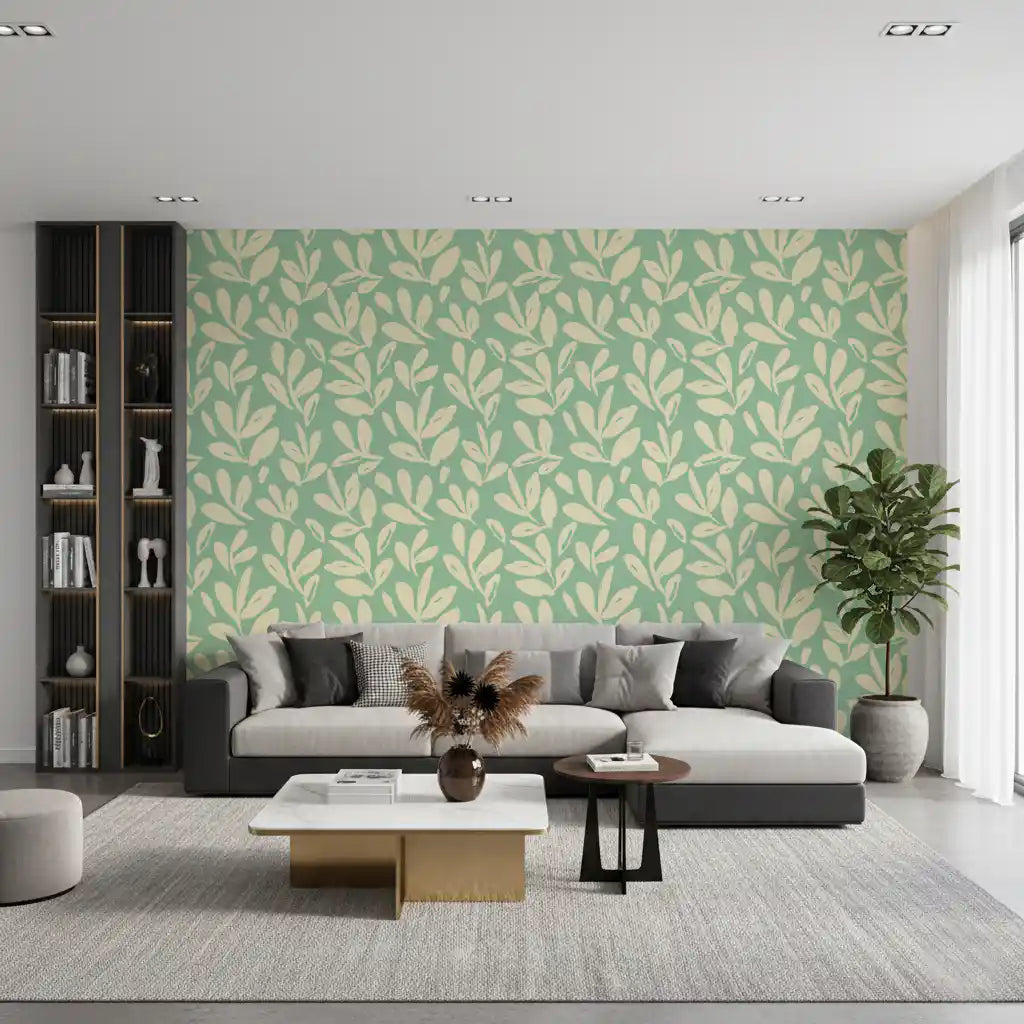 Sage and Cream Hand-Painted Leaf Wallpaper⁠