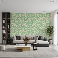 Sage and Cream Hand-Painted Leaf Wallpaper⁠