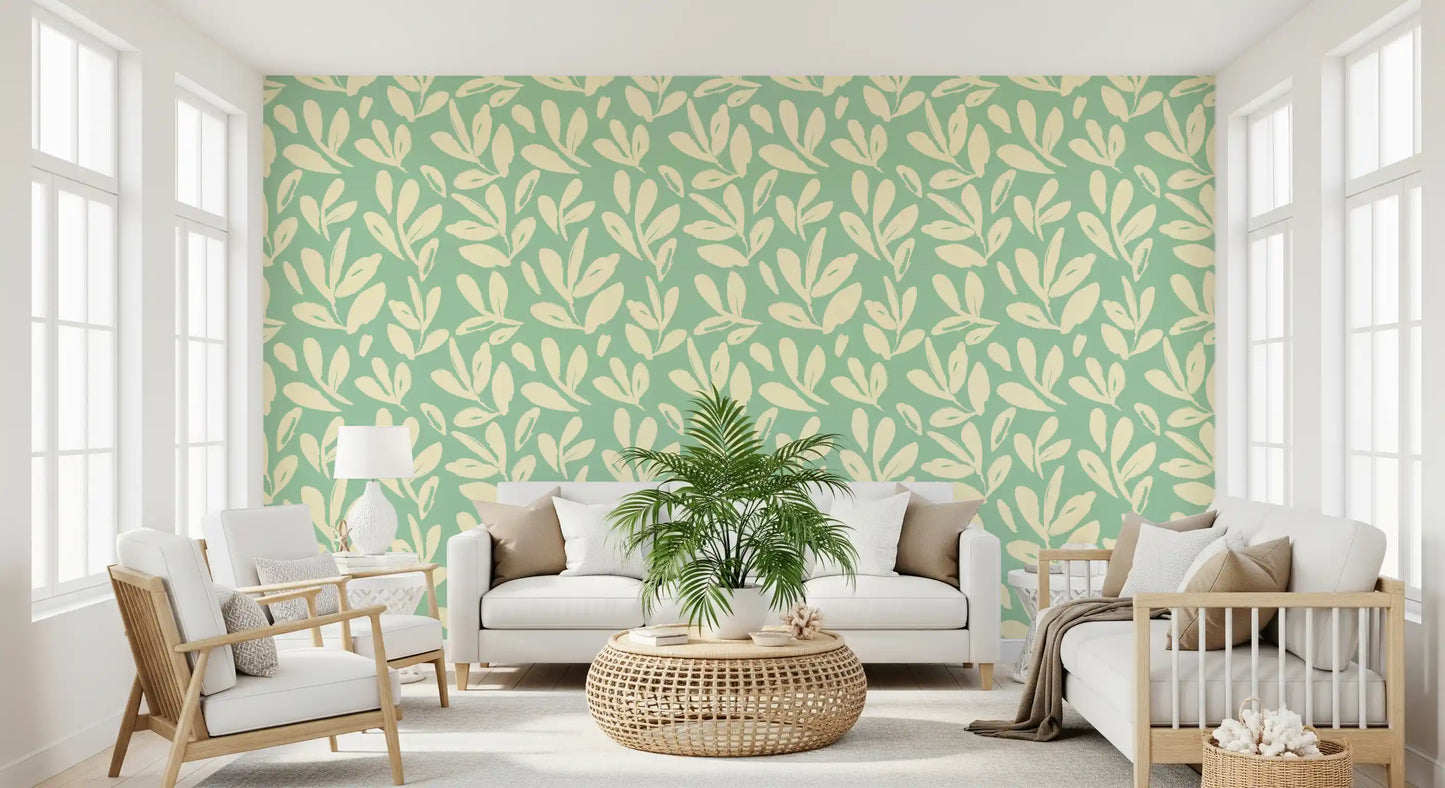 Sage and Cream Hand-Painted Leaf Wallpaper⁠