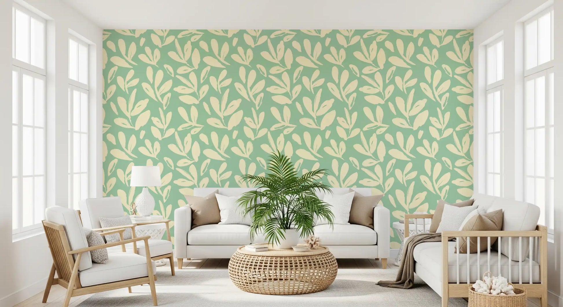 Sage and Cream Hand-Painted Leaf Wallpaper⁠