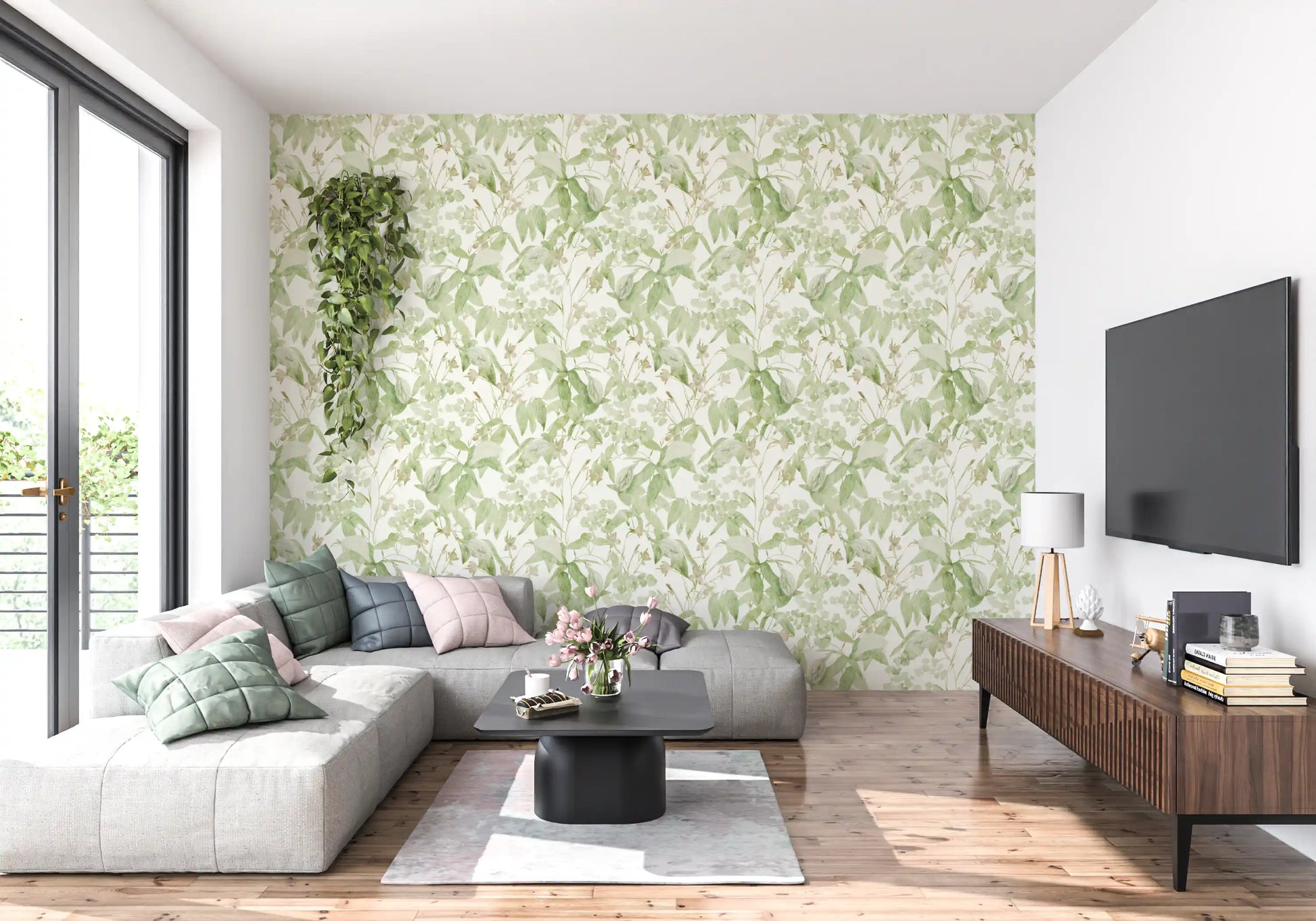 Verdant Meadow Botanical Illustration Wallpaper⁠