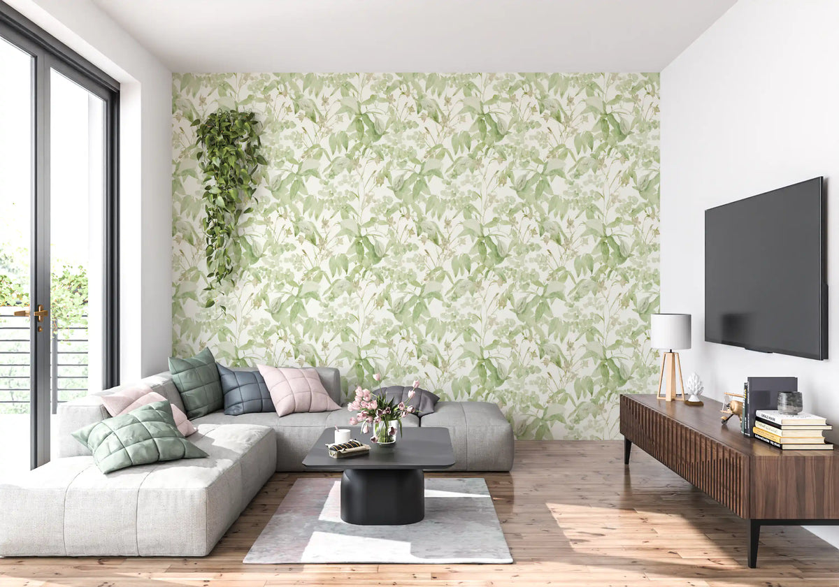 Green botanical wallpaper in a bright living room GD11836