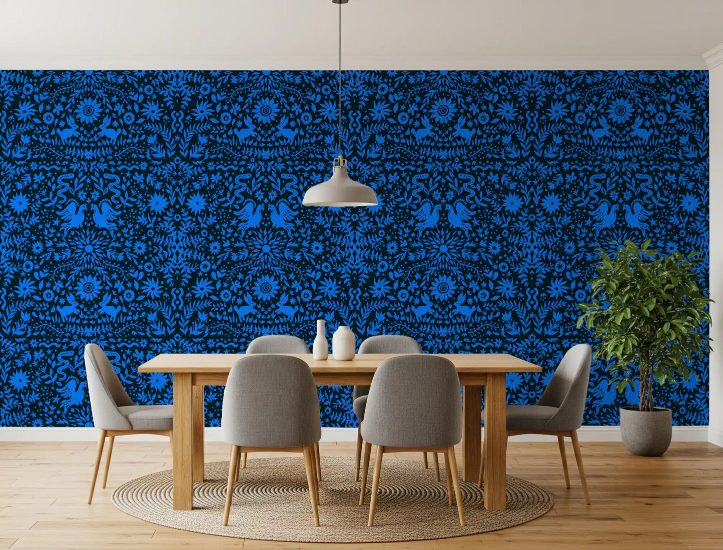 Mexican Folklore Blue Bird and Rabbit Motif Wallpaper⁠
