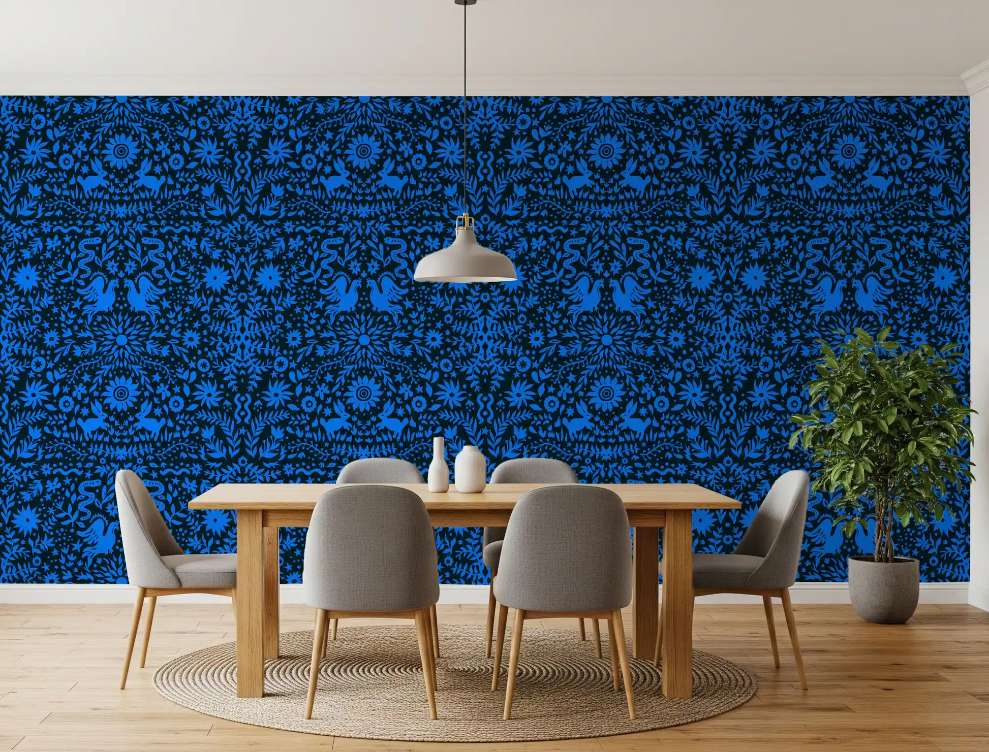 Mexican Folklore Blue Bird and Rabbit Motif Wallpaper⁠