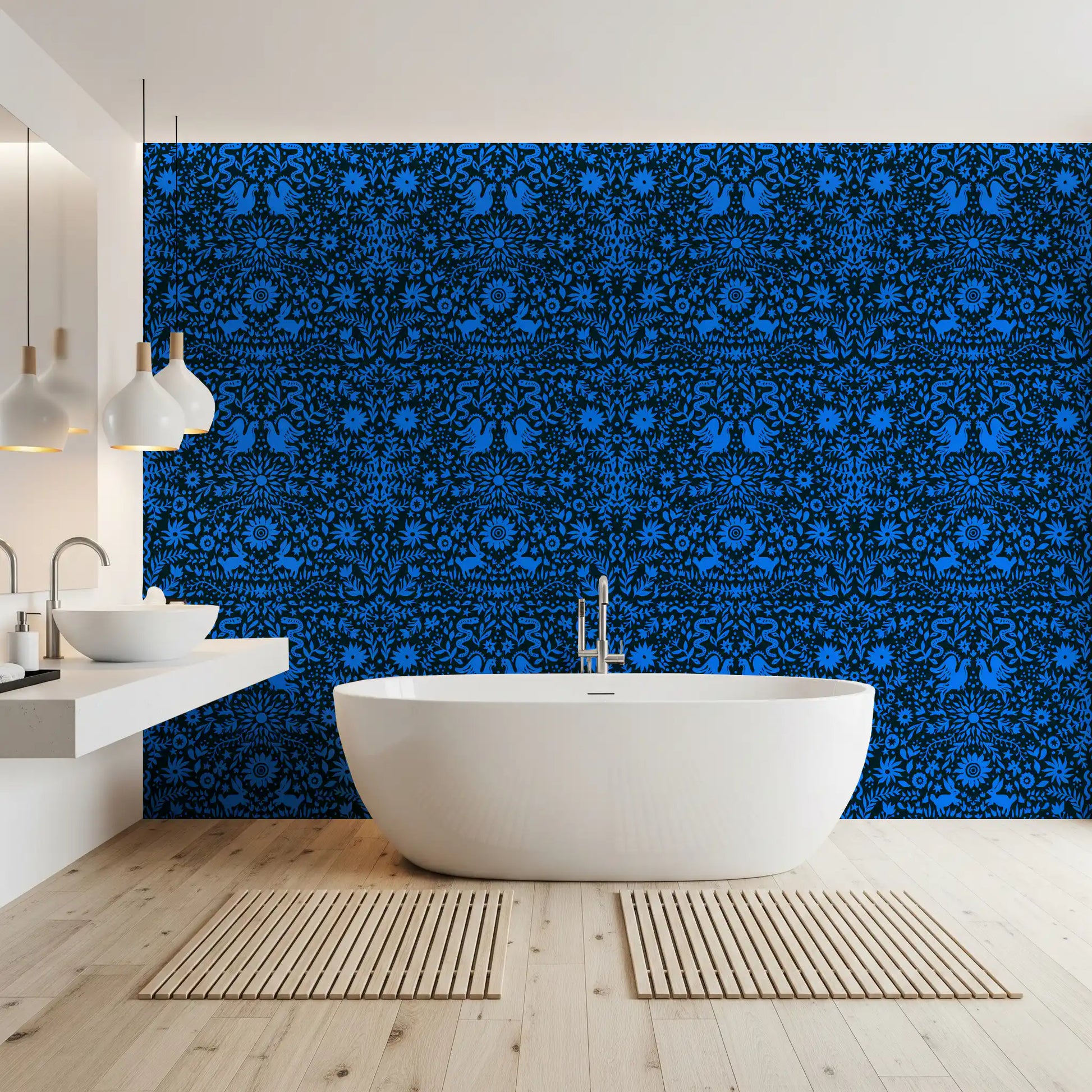 Mexican Folklore Blue Bird and Rabbit Motif Wallpaper⁠