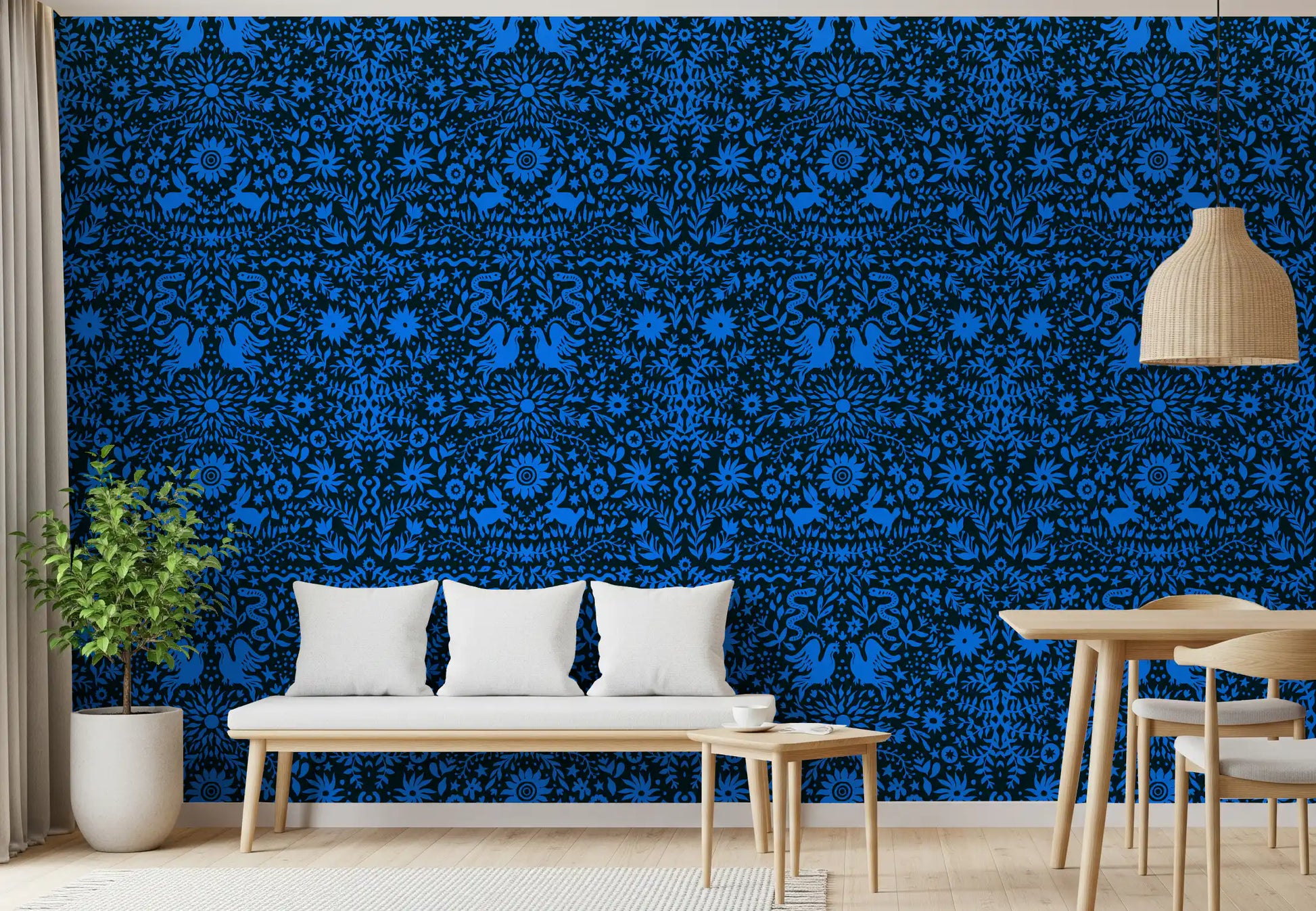 Mexican Folklore Blue Bird and Rabbit Motif Wallpaper⁠