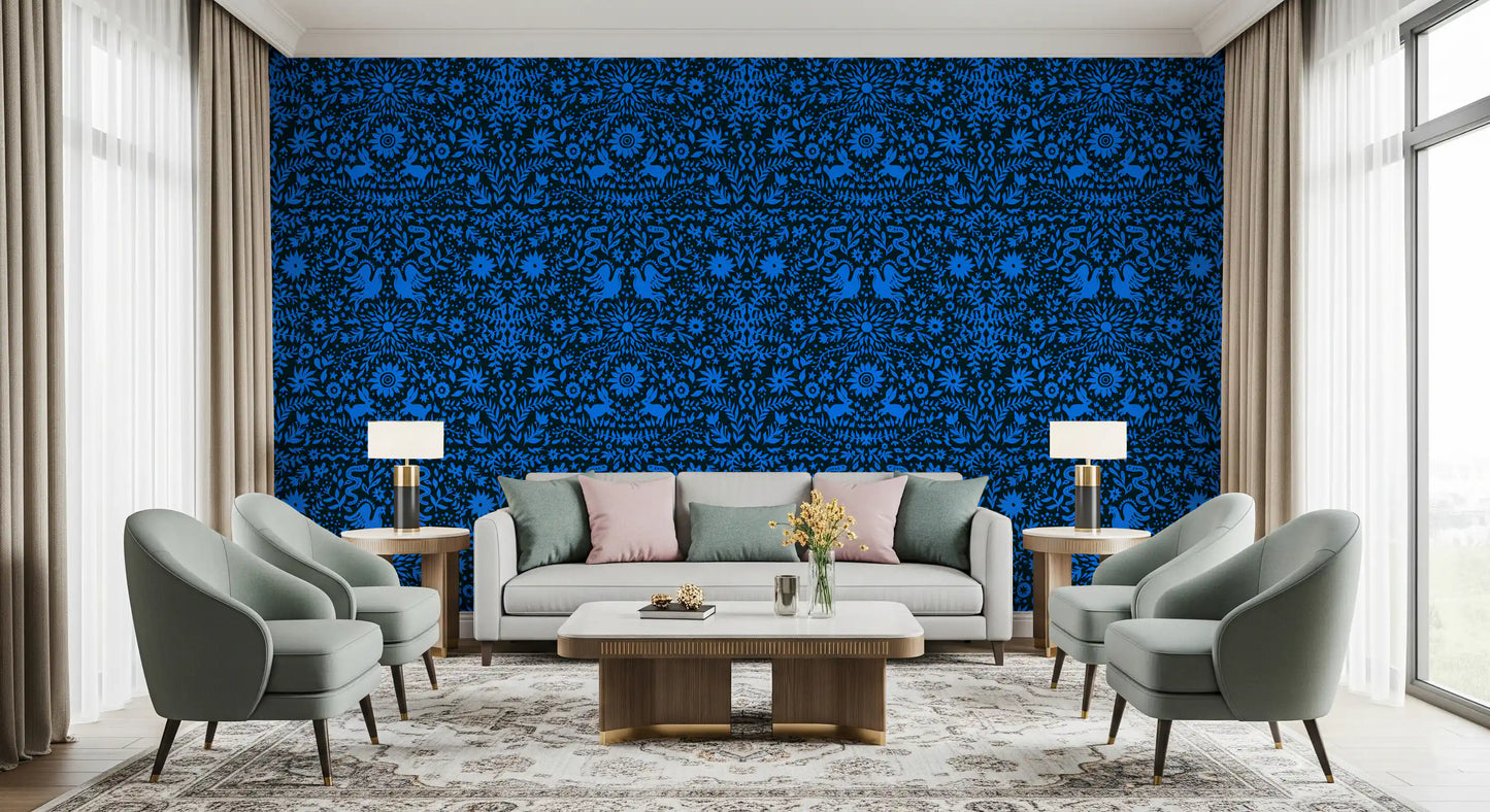 Mexican Folklore Blue Bird and Rabbit Motif Wallpaper⁠