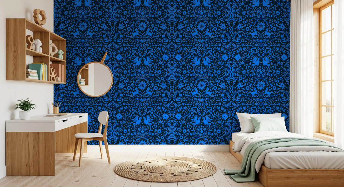 Mexican Folklore Blue Bird and Rabbit Motif Wallpaper⁠