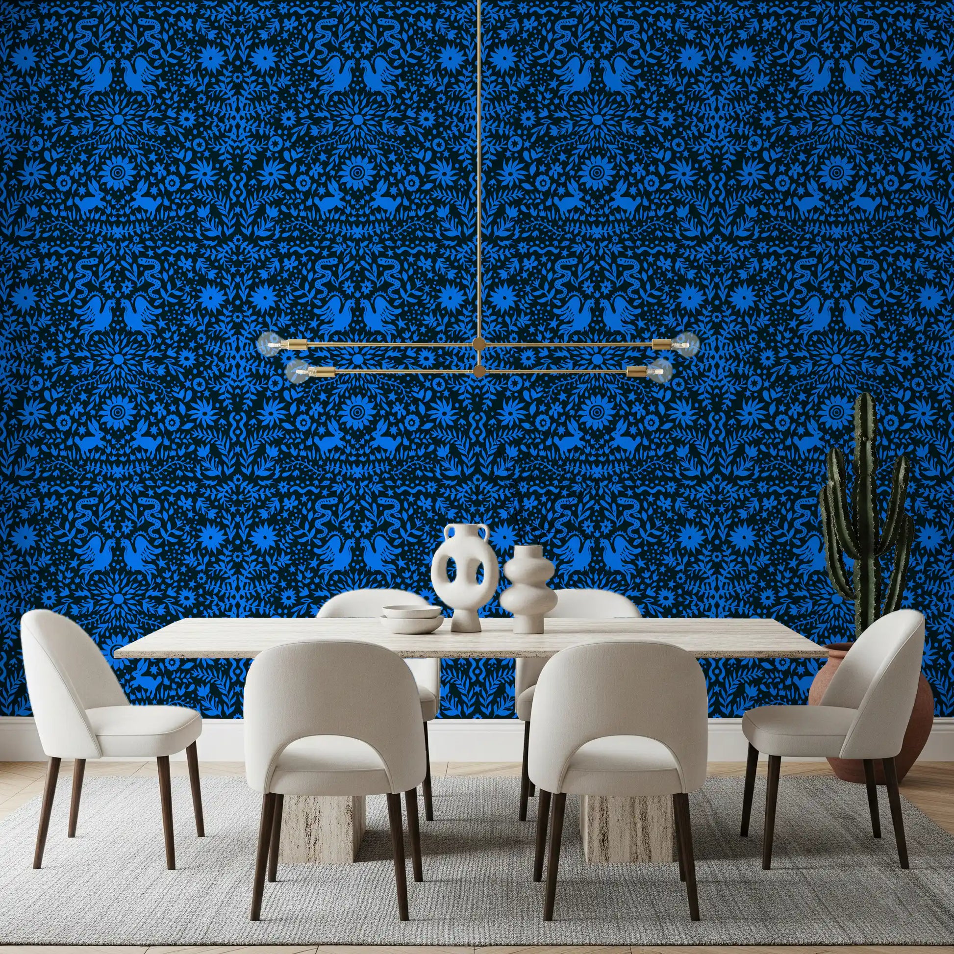 Mexican Folklore Blue Bird and Rabbit Motif Wallpaper⁠