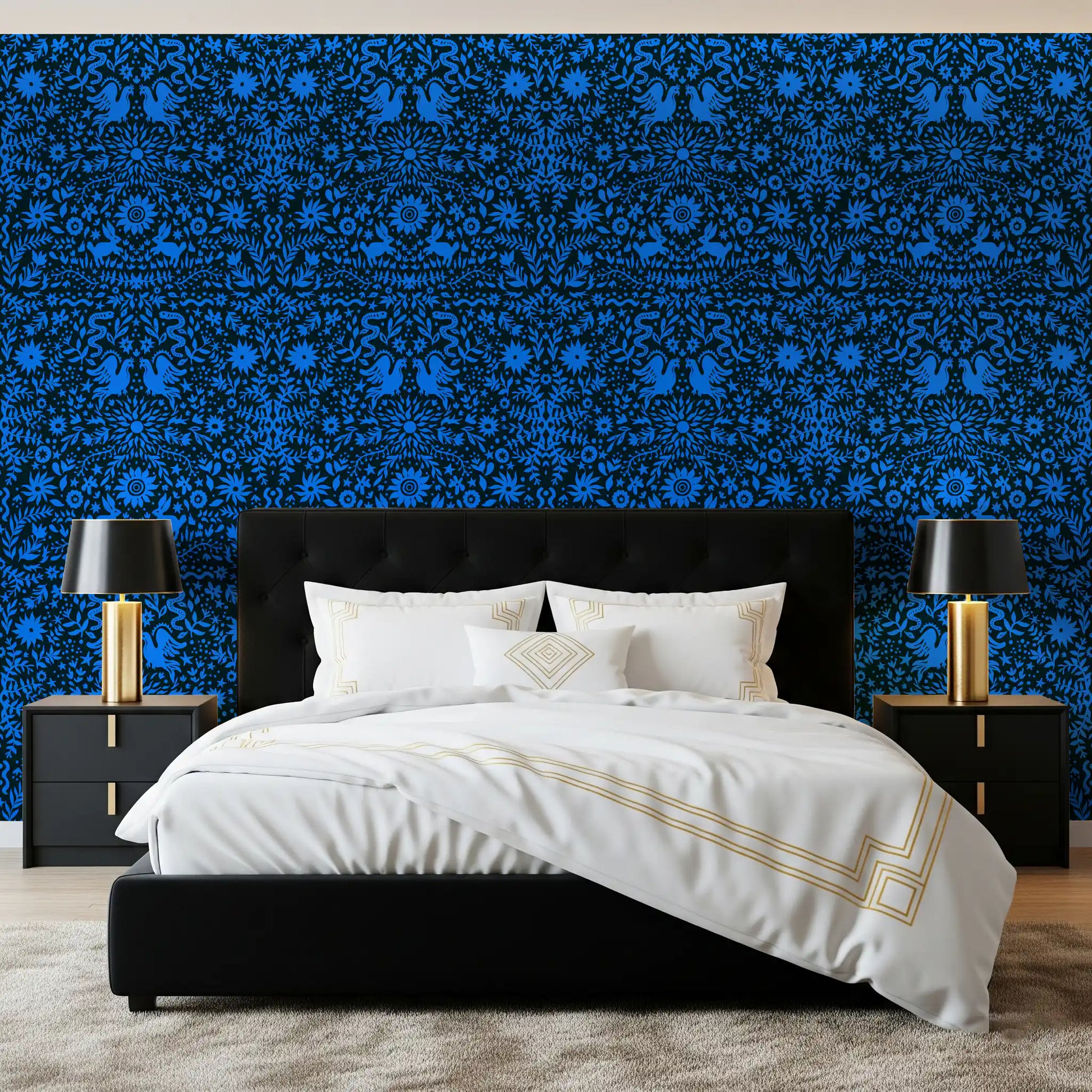 Mexican Folklore Blue Bird and Rabbit Motif Wallpaper⁠