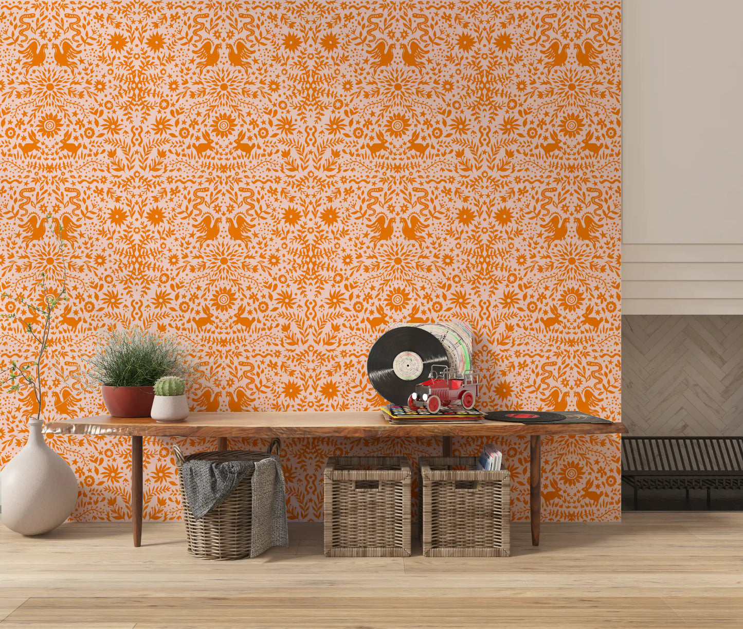 Orange Whimsical Woodland Creature Pattern Wallpaper⁠