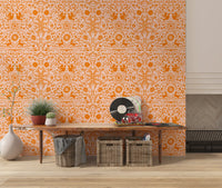 Orange Whimsical Woodland Creature Pattern Wallpaper⁠