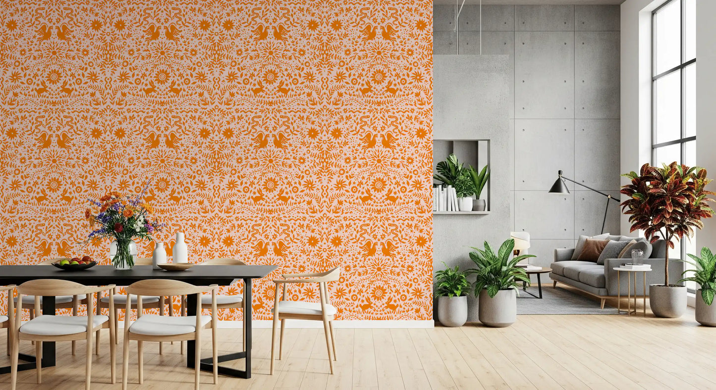 Orange Whimsical Woodland Creature Pattern Wallpaper⁠