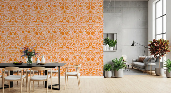 Orange Whimsical Woodland Creature Pattern Wallpaper⁠