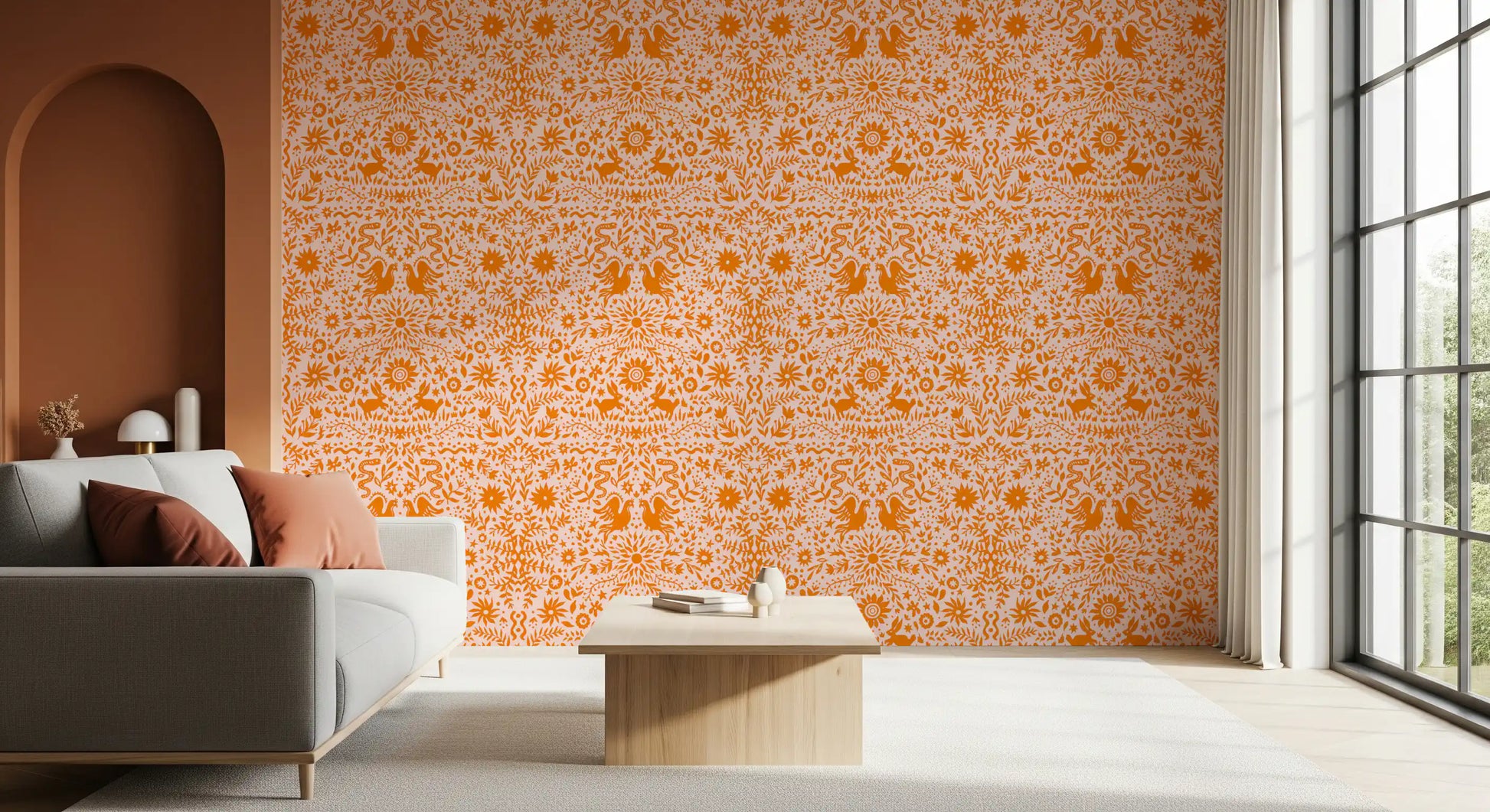 Orange Whimsical Woodland Creature Pattern Wallpaper⁠