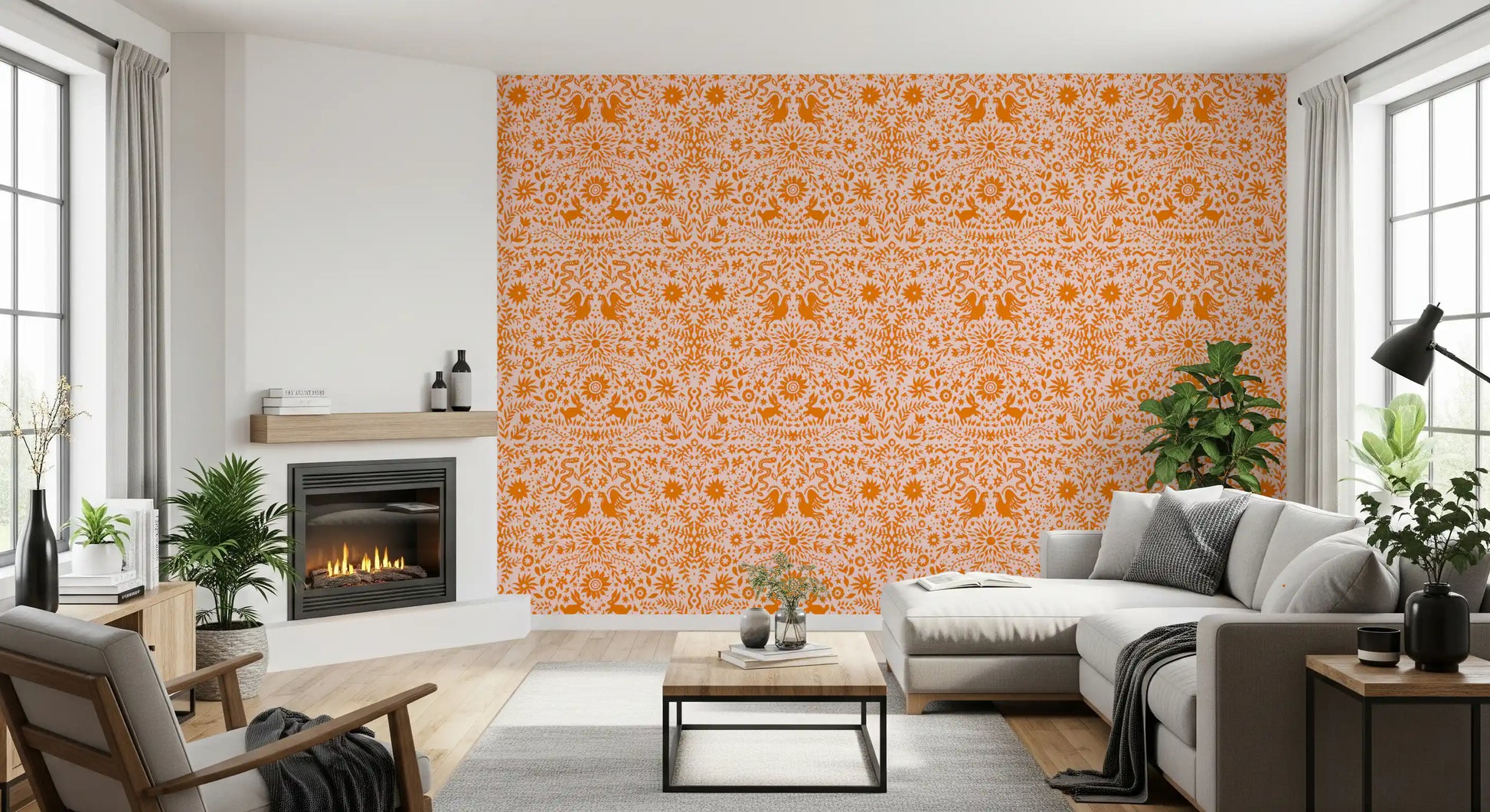 Orange Whimsical Woodland Creature Pattern Wallpaper⁠