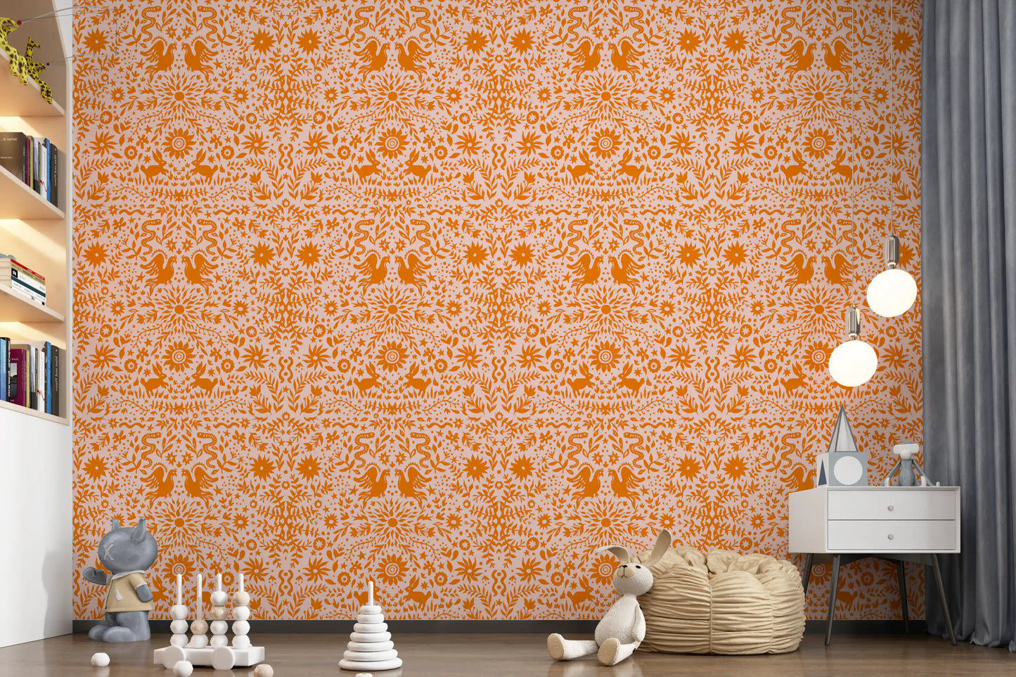 Orange Whimsical Woodland Creature Pattern Wallpaper⁠