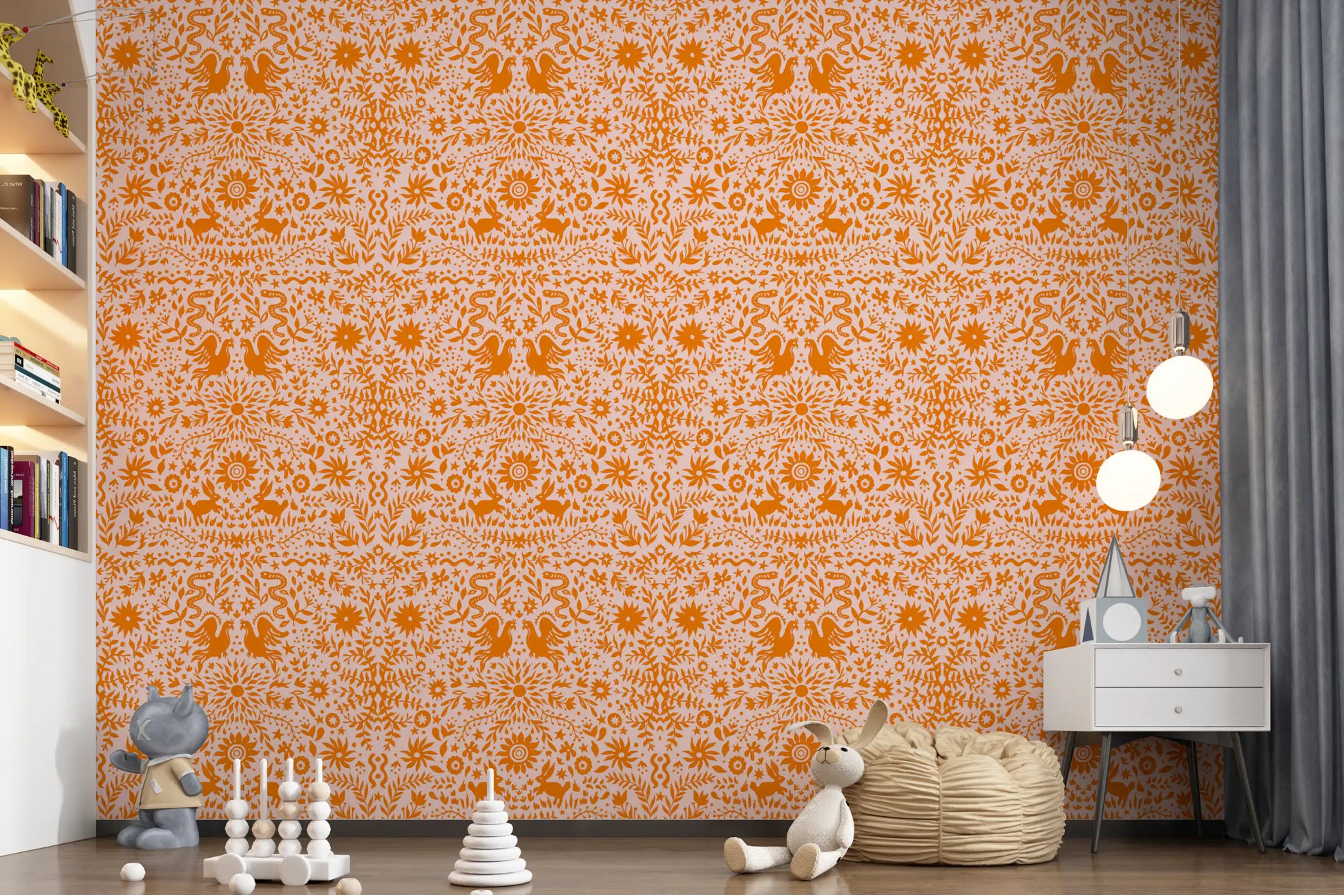 Orange Whimsical Woodland Creature Pattern Wallpaper⁠