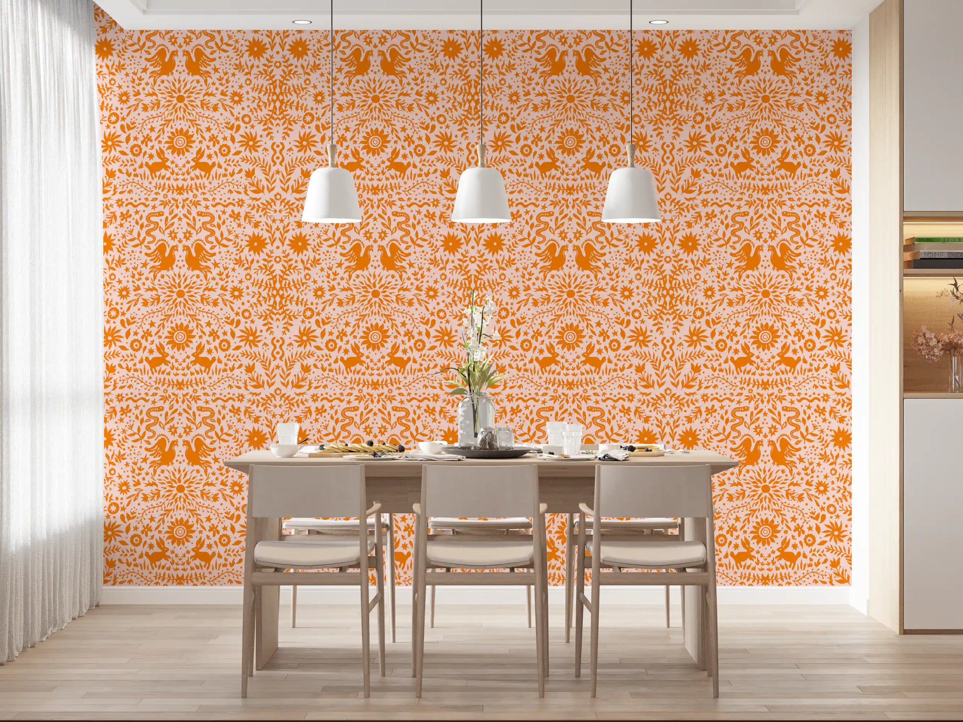 Orange Whimsical Woodland Creature Pattern Wallpaper⁠