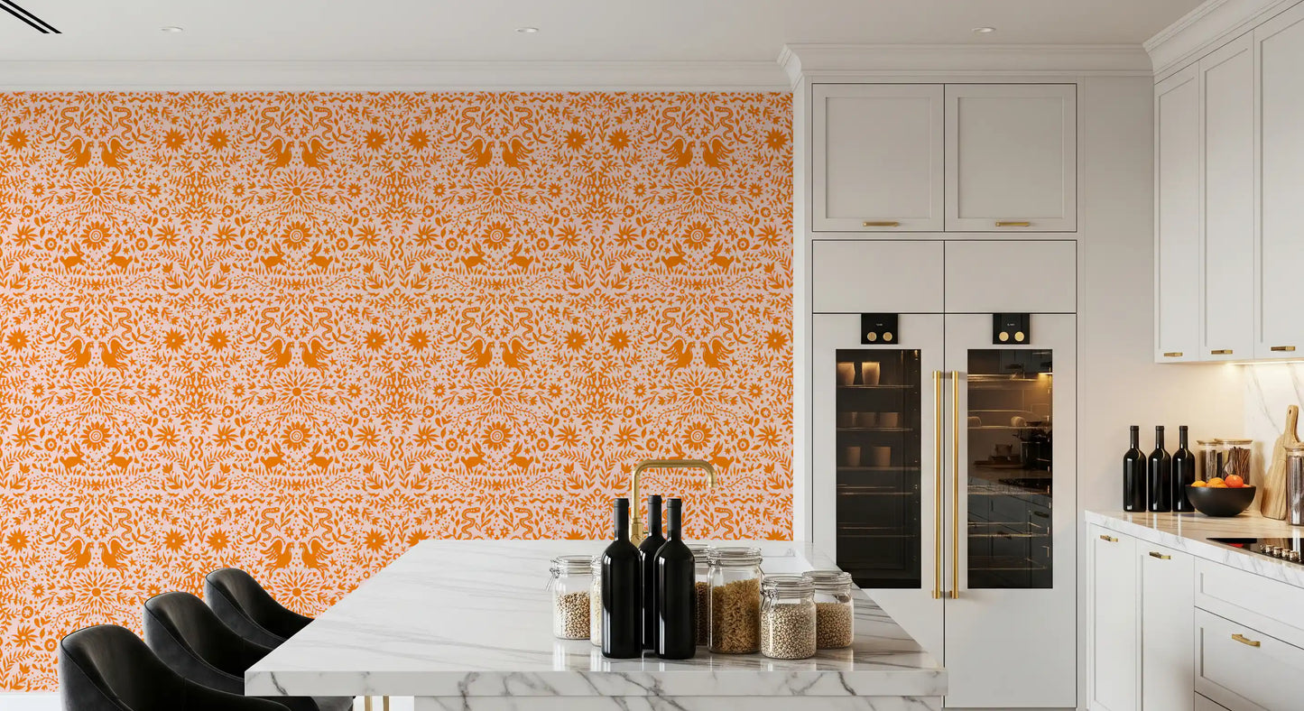 Orange Whimsical Woodland Creature Pattern Wallpaper⁠