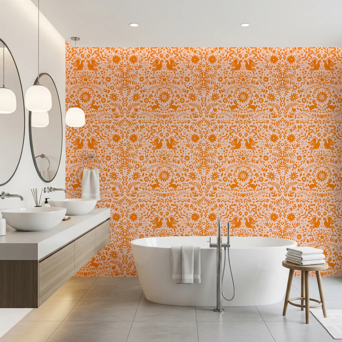 Orange Whimsical Woodland Creature Pattern Wallpaper⁠