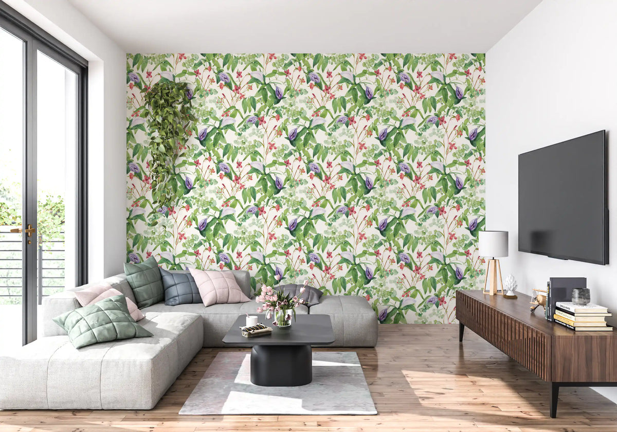 Green fern and flower wallpaper in a bright living room GD11842