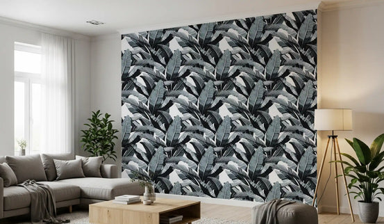 Monochrome palm leaf wallpaper in a modern living room GD11844