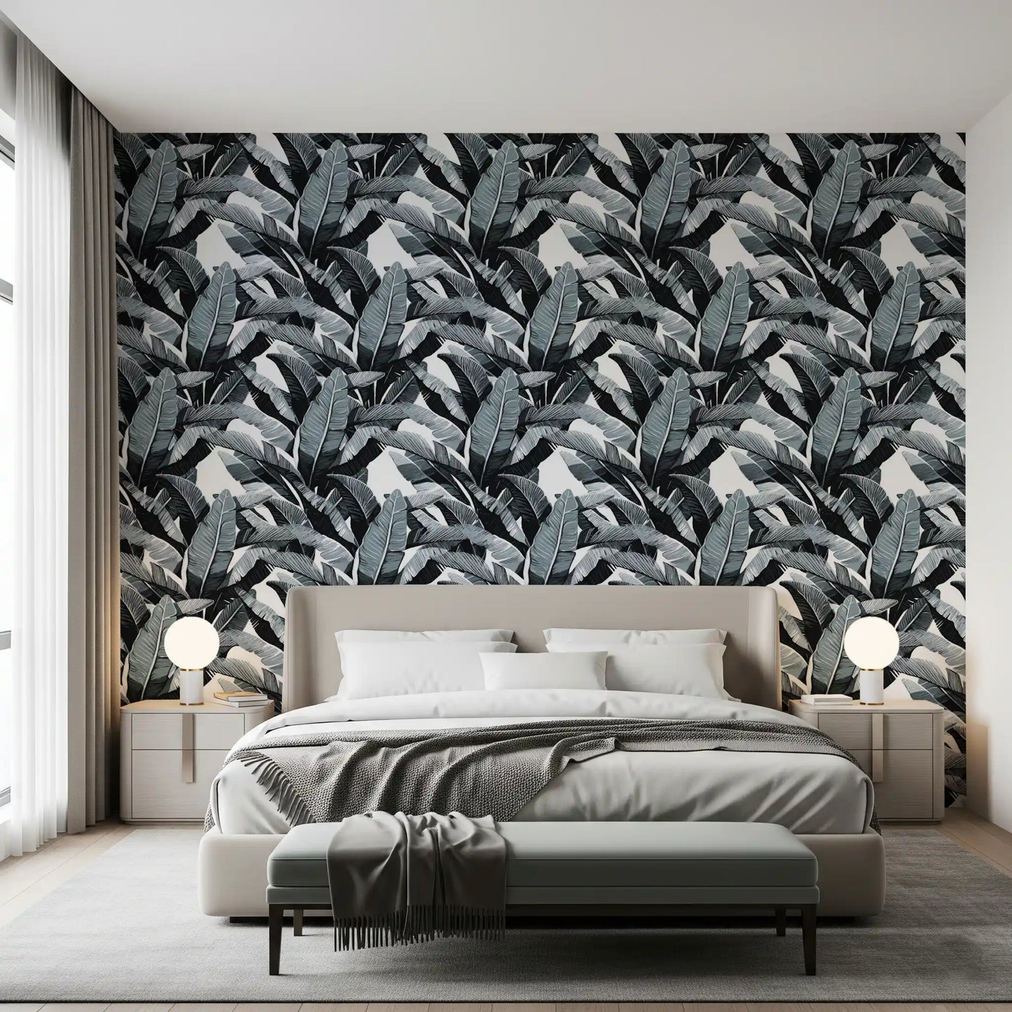 Monochrome Tropical Palm Fronds Wallpaper⁠
