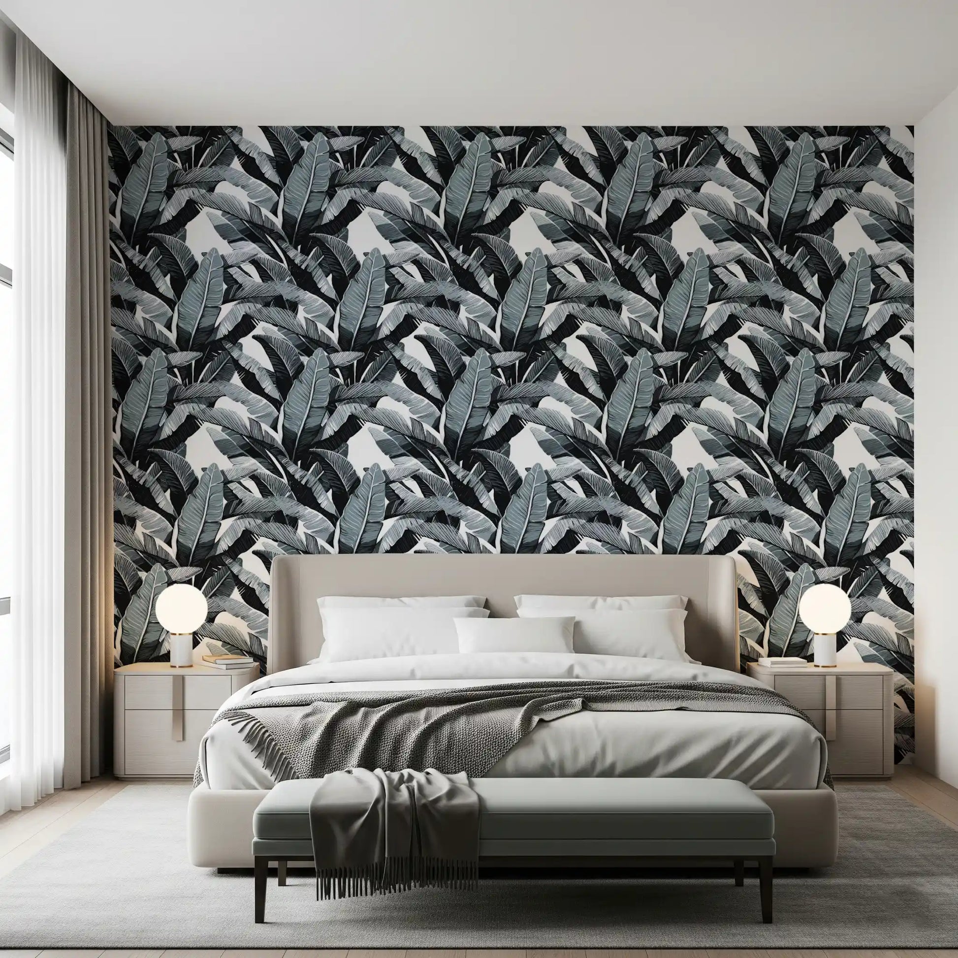 Monochrome Tropical Palm Fronds Wallpaper⁠