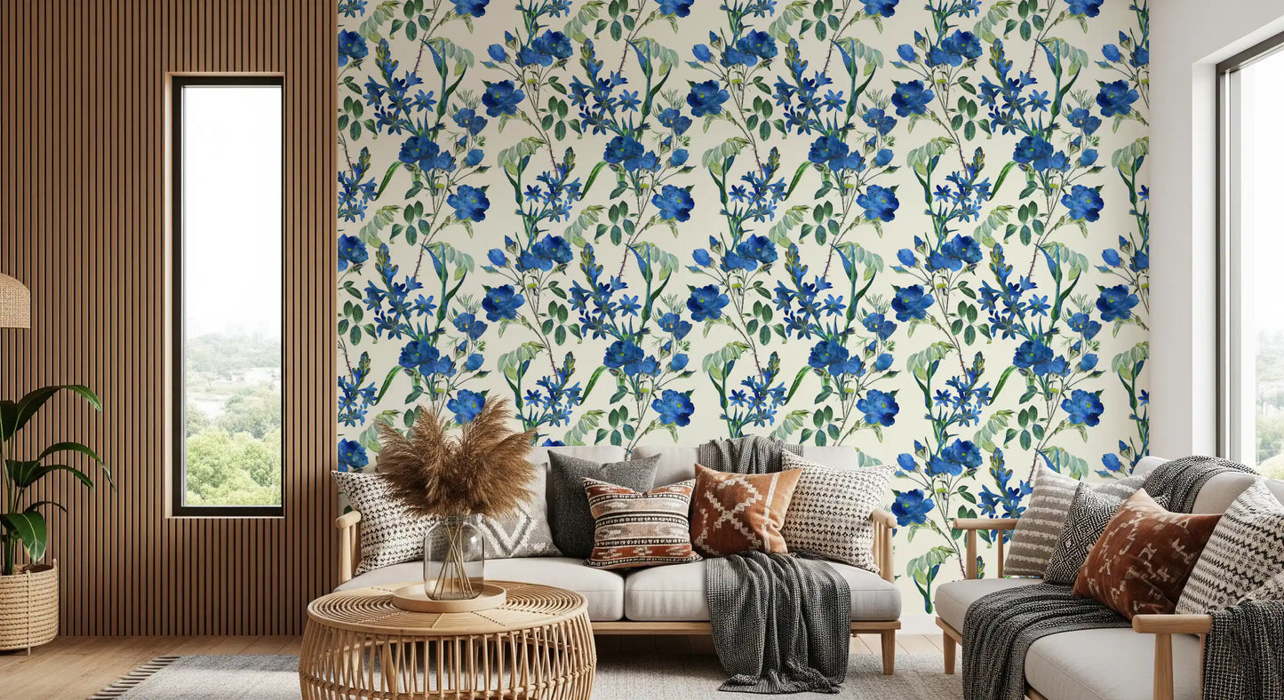 Vintage Indigo Wildflower Garden Pattern Wallpaper⁠