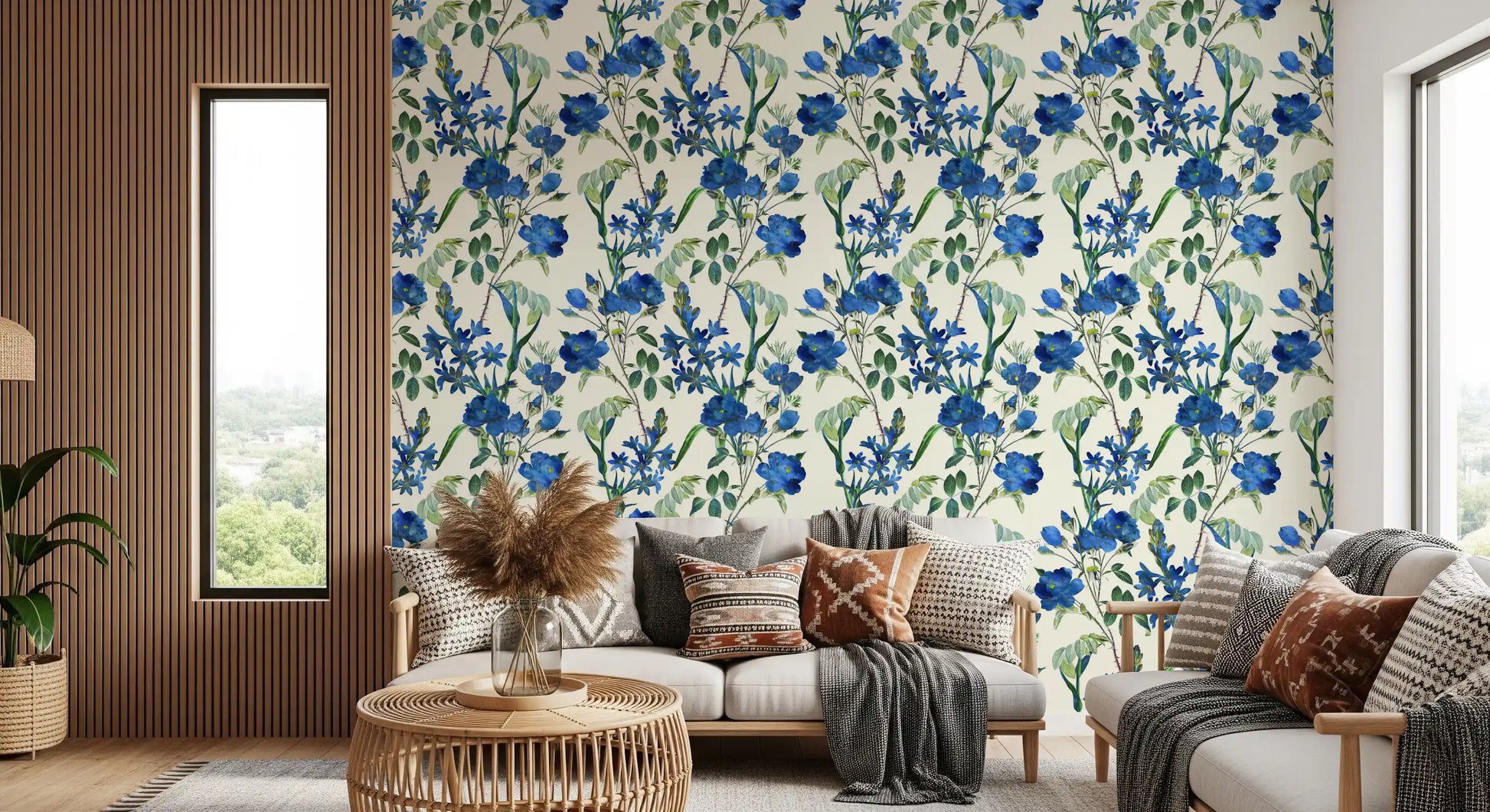 Vintage Indigo Wildflower Garden Pattern Wallpaper⁠