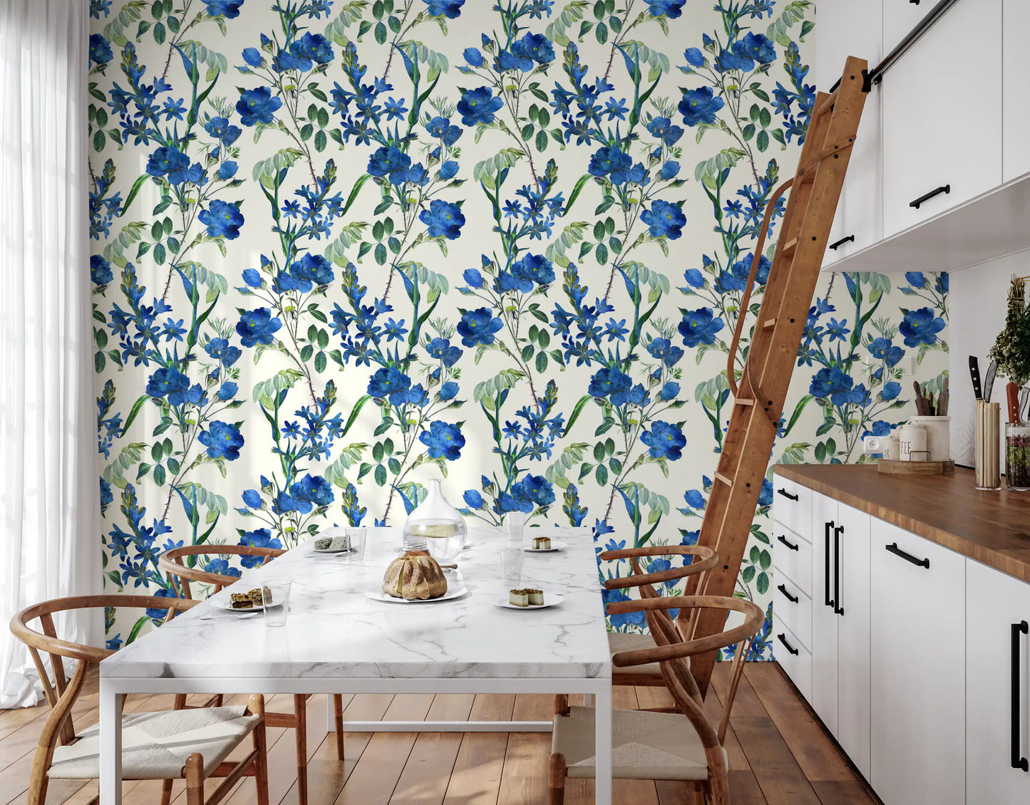 Vintage Indigo Wildflower Garden Pattern Wallpaper⁠