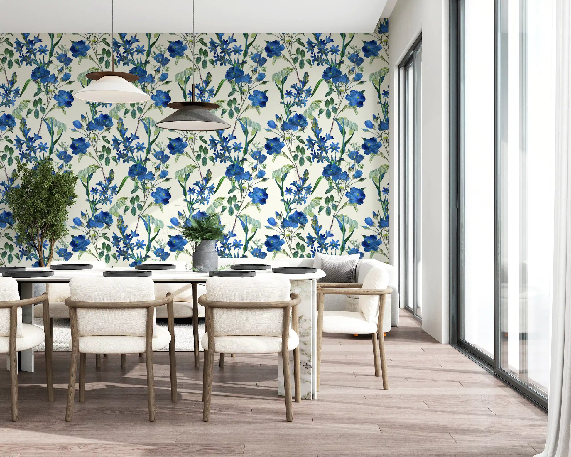 Vintage Indigo Wildflower Garden Pattern Wallpaper⁠