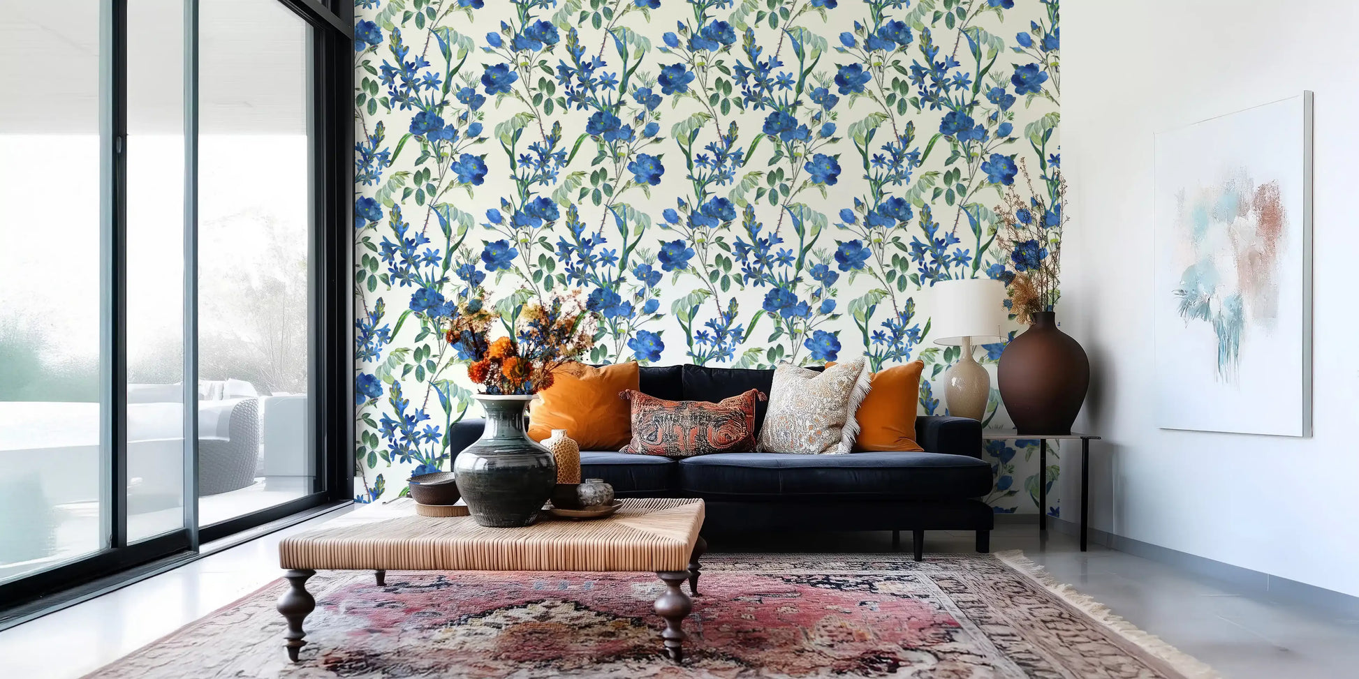 Vintage Indigo Wildflower Garden Pattern Wallpaper⁠