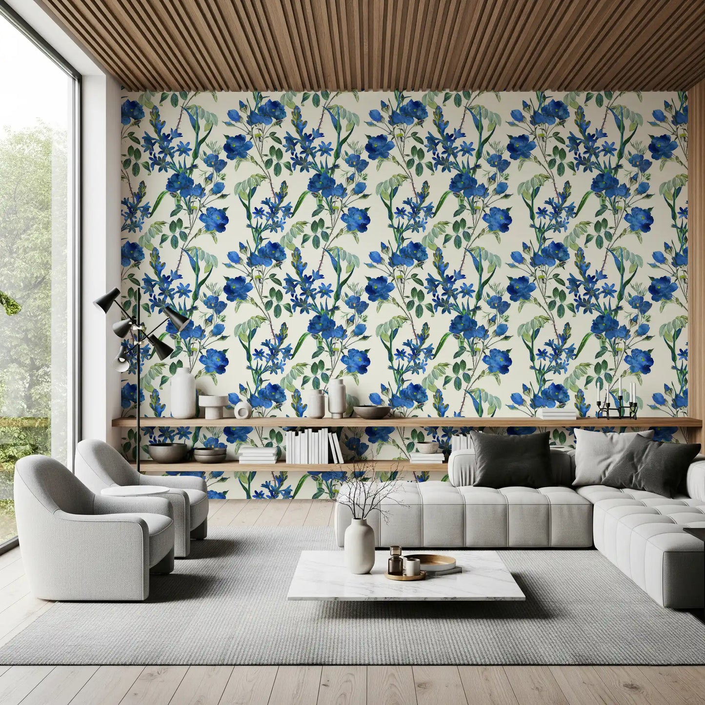Vintage Indigo Wildflower Garden Pattern Wallpaper⁠
