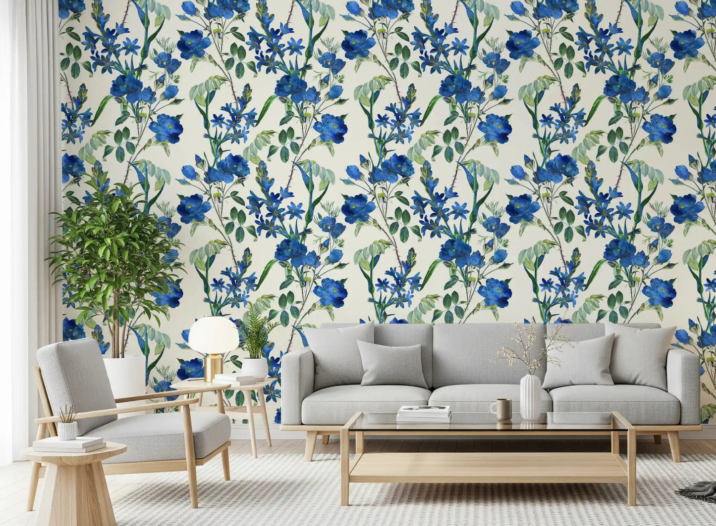 Vintage Indigo Wildflower Garden Pattern Wallpaper⁠