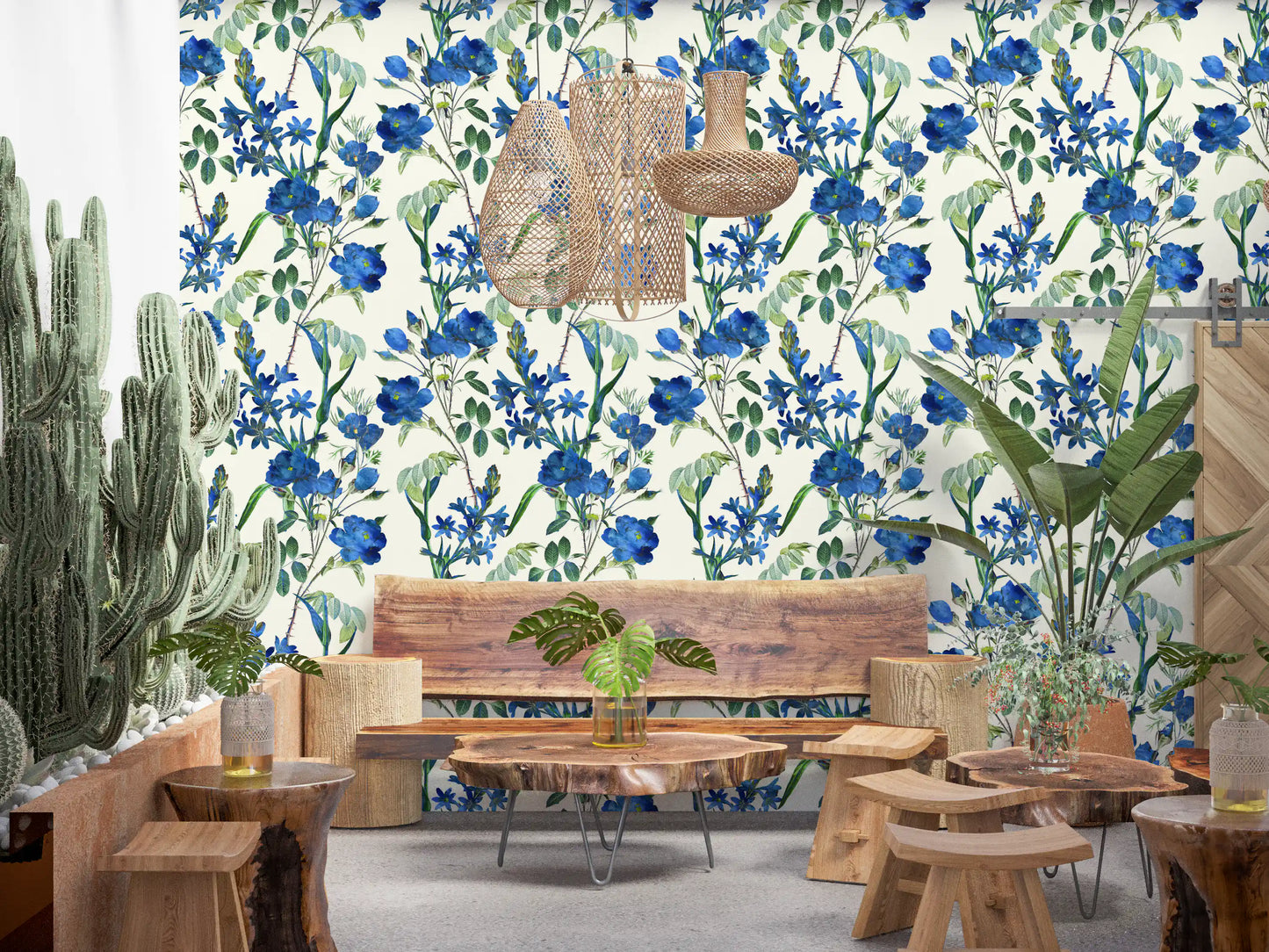 Vintage Indigo Wildflower Garden Pattern Wallpaper⁠