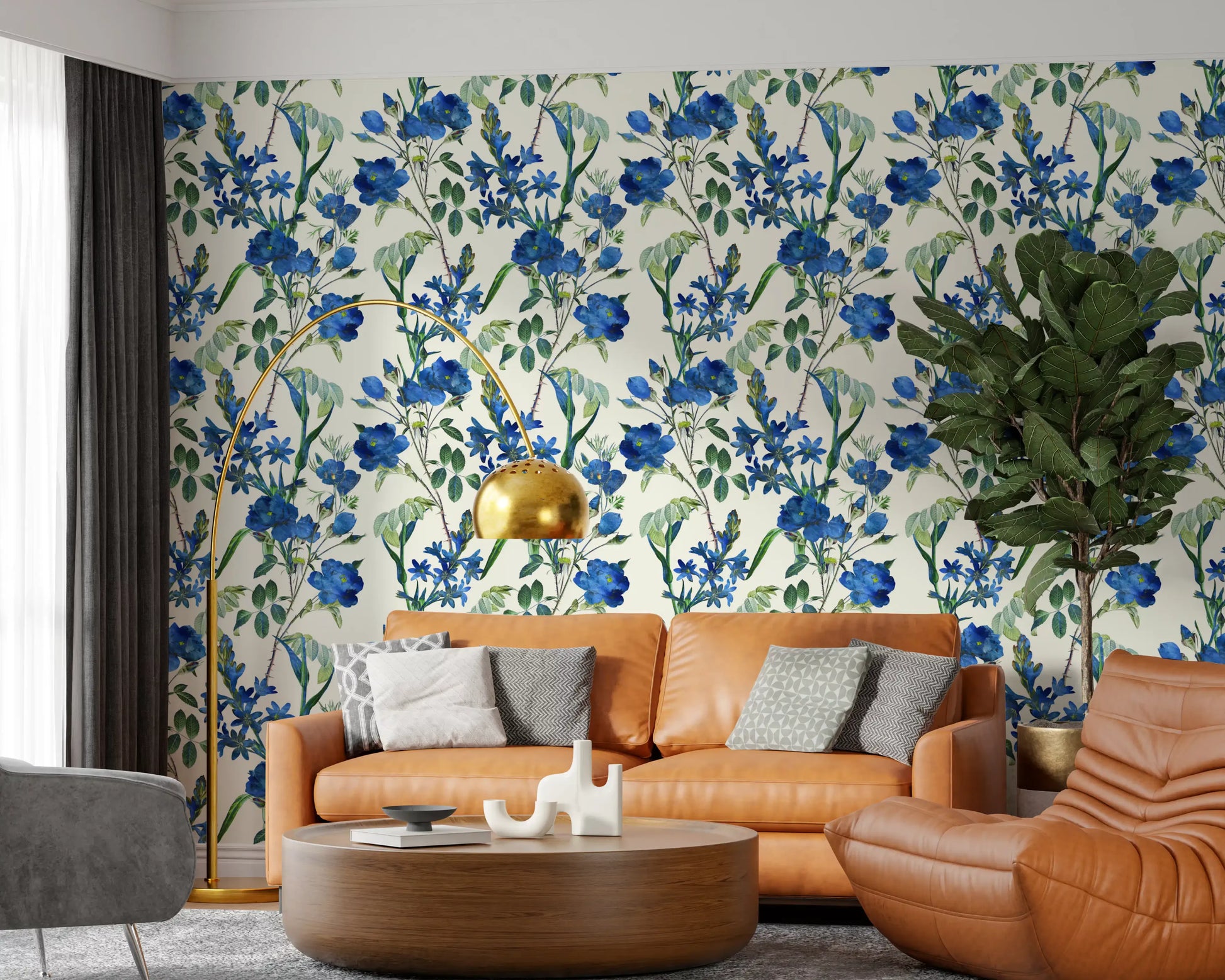 Vintage Indigo Wildflower Garden Pattern Wallpaper⁠