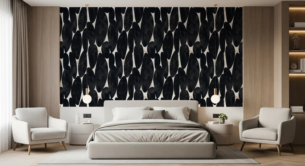 Dark sculptural forms wallpaper on a modern bedroom wall GD11850