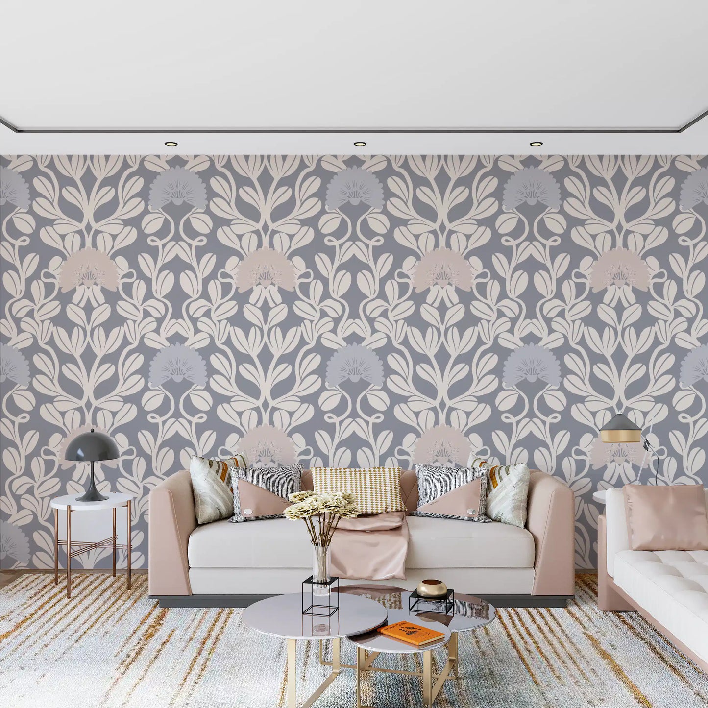 Grey and Cream Damask Floral Wallpaper⁠