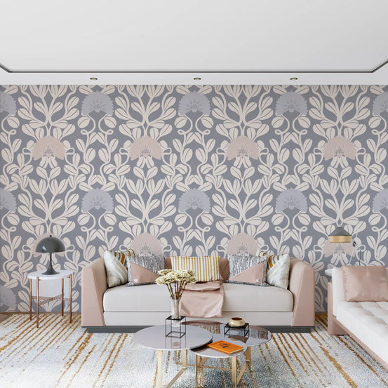 Grey and Cream Damask Floral Wallpaper⁠
