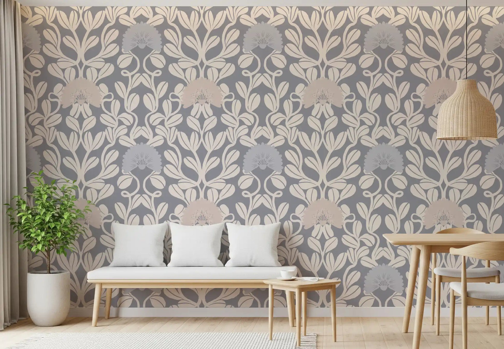 Grey and Cream Damask Floral Wallpaper⁠