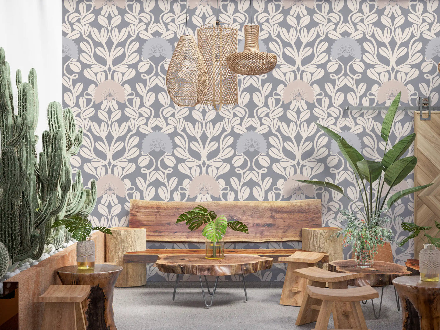 Grey and Cream Damask Floral Wallpaper⁠