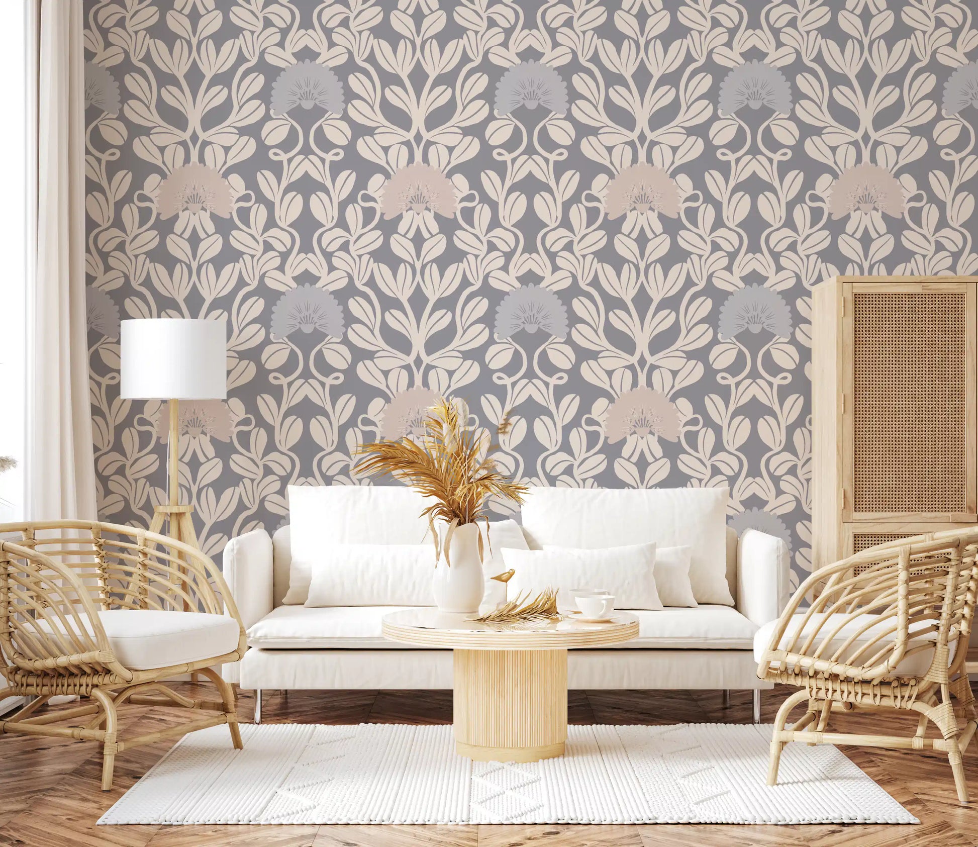 Grey and Cream Damask Floral Wallpaper⁠
