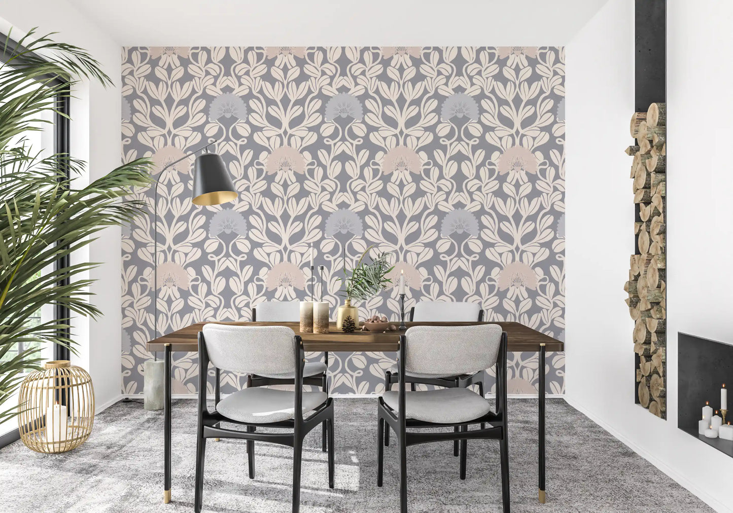 Grey and Cream Damask Floral Wallpaper⁠