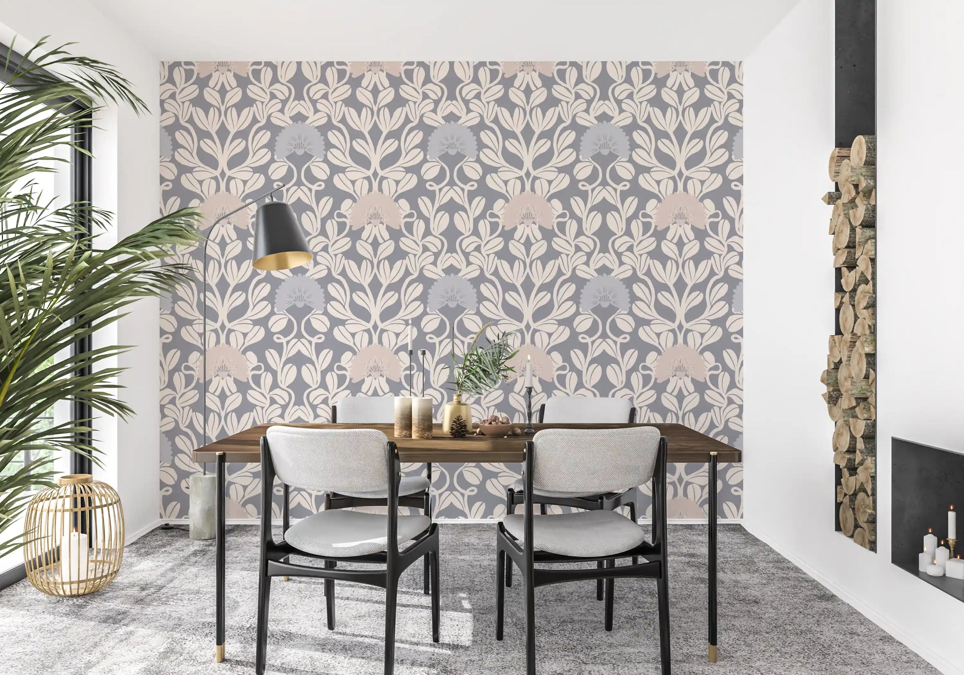 Grey and Cream Damask Floral Wallpaper⁠