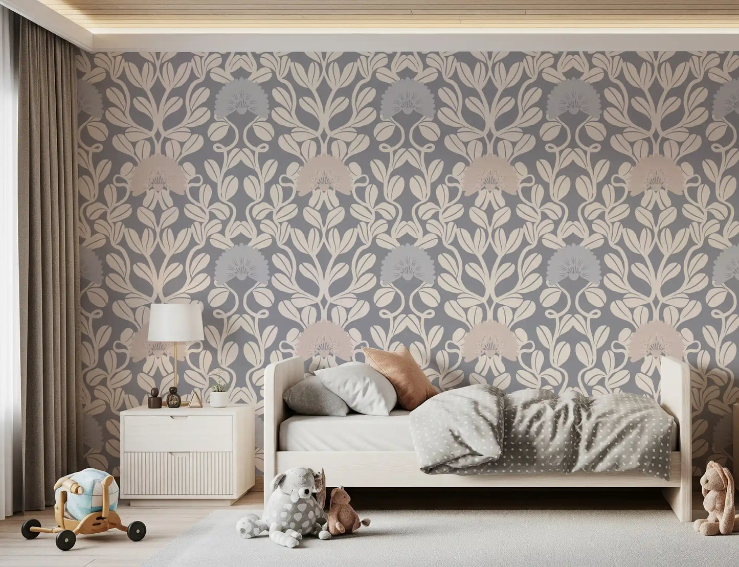 Grey and Cream Damask Floral Wallpaper⁠